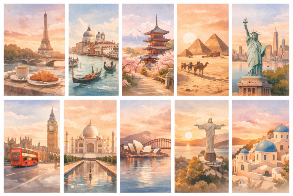 Current image: world landmarks in pastel hues